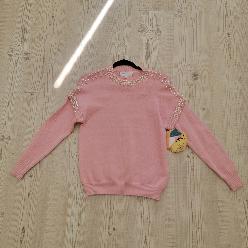 NWT Pink Pearl-Embellished Women's Sweater Small Beaded Feminine Elegant Playful